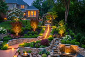 Outdoor lighting for sloped yards - Elegant Outdoor Lighting Design Evening view of a multi-level backyard with lit stone steps, a water feature, and landscaped garden leading to a brick house in the background