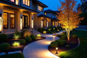 Evening view of a modern townhouse with warm entry lights and a curved illuminated walkway through a landscaped front yard.