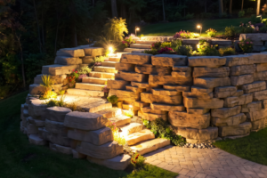 Low Voltage Outdoor Lighting Cincinnati Northern Kentucky - Elegant Outdoor Lighting Design Night view of a terraced stone garden wall and stairs lit by warm landscape lights, with flowering plants along the steps.