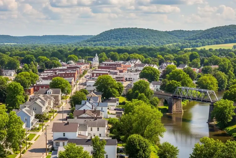 Morrow-Ohio 1 - Elegant Outdoor Lighting Design Aerial view of a small town along a winding river with a metal bridge and green trees, hills in the distance.