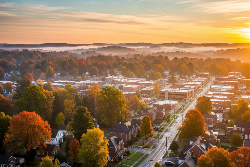 Sharonville - Elegant Outdoor Lighting Design Aerial view of a suburban town at sunrise, with autumn trees in orange and red lining the streets and rooftops.