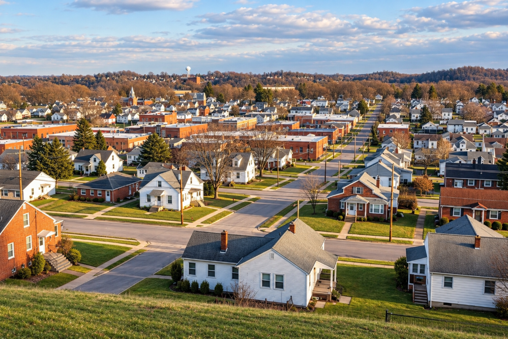 Cheviot - Elegant Outdoor Lighting Design Aerial view of a suburban neighborhood with rows of single-family homes and green lawns on a sunny day.