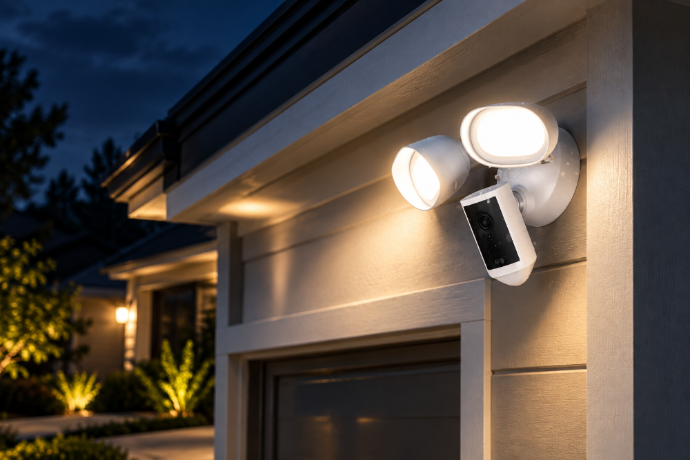 Safety Security Lighting - Elegant Outdoor Lighting Design Outdoor security camera mounted on a home's exterior wall next to two illuminated porch lights at dusk.