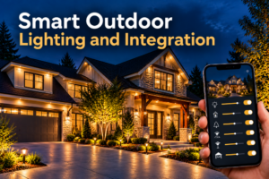 Smart Outdoor Lighting - Elegant Outdoor Lighting Design House at dusk with landscape lighting; a smartphone shows a smart lighting app controlling the lights.